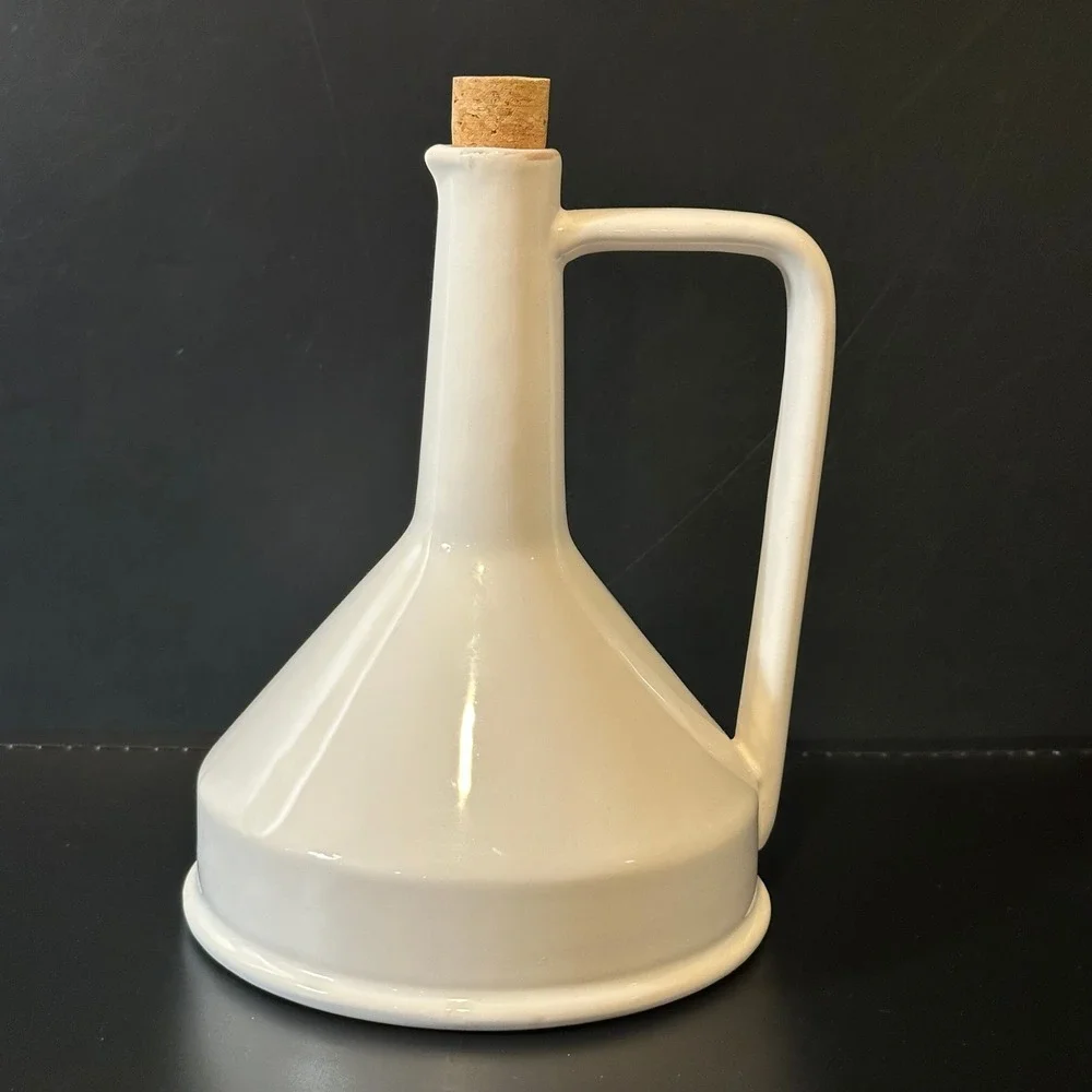 Anthropologie White Ceramic Oil Vinegar Cruet Made in Italy Funnel Bottle Cork‎